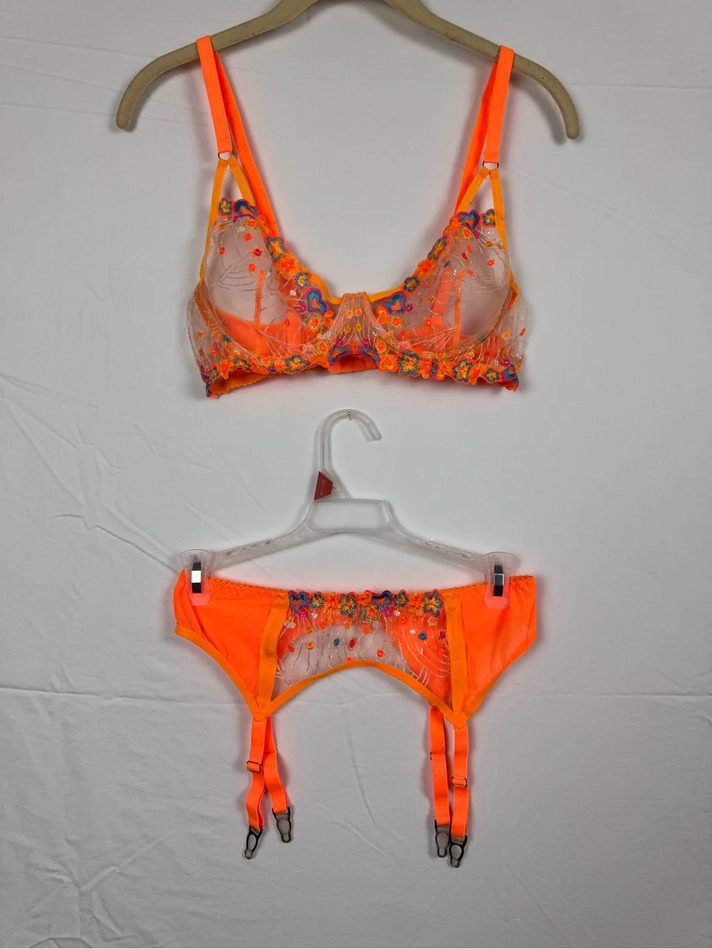 Source Unknown Neon Orange Embroidered Sheer Bra & Garter Set